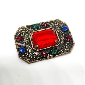 Vintage Antique Art Deco Czech Big Red Center & Rhinestones Brooch Pin C Clasp